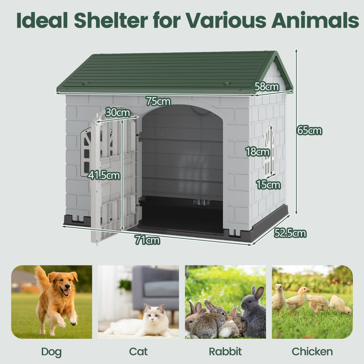 LIVSK Kunststof Weerbestendig Hondenhok - Afsluitbare Deur - 3 Ramen - Schuin Dak - Eenvoudige Installatie - Voor Kleine Honden