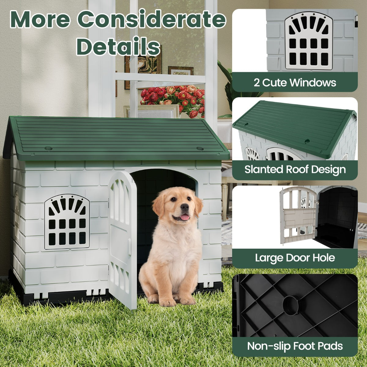 LIVSK Kunststof Weerbestendig Hondenhok - Afsluitbare Deur - 3 Ramen - Schuin Dak - Eenvoudige Installatie - Voor Kleine Honden