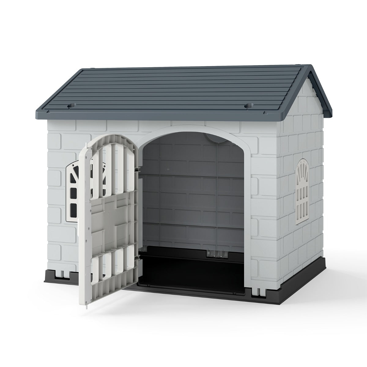 LIVSK Kunststof Hondenhok Weerbestendig - Afsluitbare Deur - 3 Ramen - Schuin Dak - Eenvoudige Montage - Voor Kleine Honden en