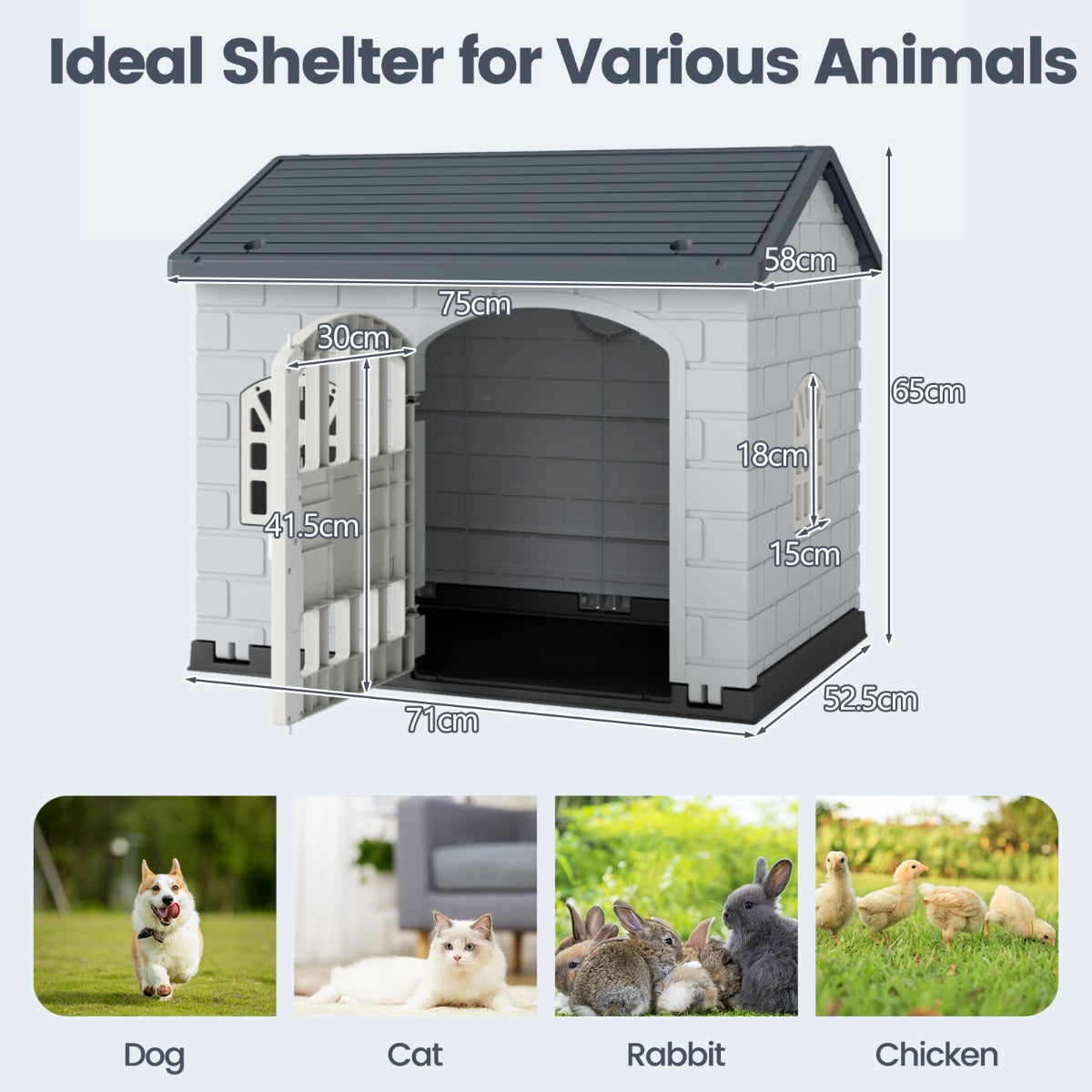 LIVSK Kunststof Hondenhok Weerbestendig - Afsluitbare Deur - 3 Ramen - Schuin Dak - Eenvoudige Montage - Voor Kleine Honden en