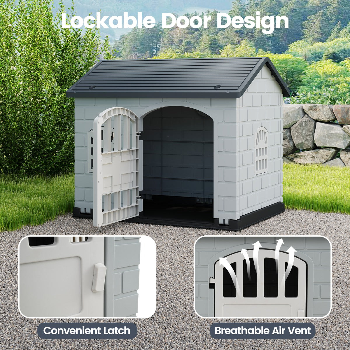LIVSK Kunststof Hondenhok Weerbestendig - Afsluitbare Deur - 3 Ramen - Schuin Dak - Eenvoudige Montage - Voor Kleine Honden en