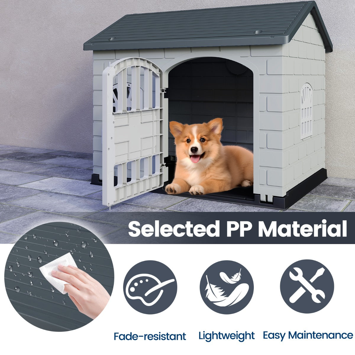 LIVSK Kunststof Hondenhok Weerbestendig - Afsluitbare Deur - 3 Ramen - Schuin Dak - Eenvoudige Montage - Voor Kleine Honden en