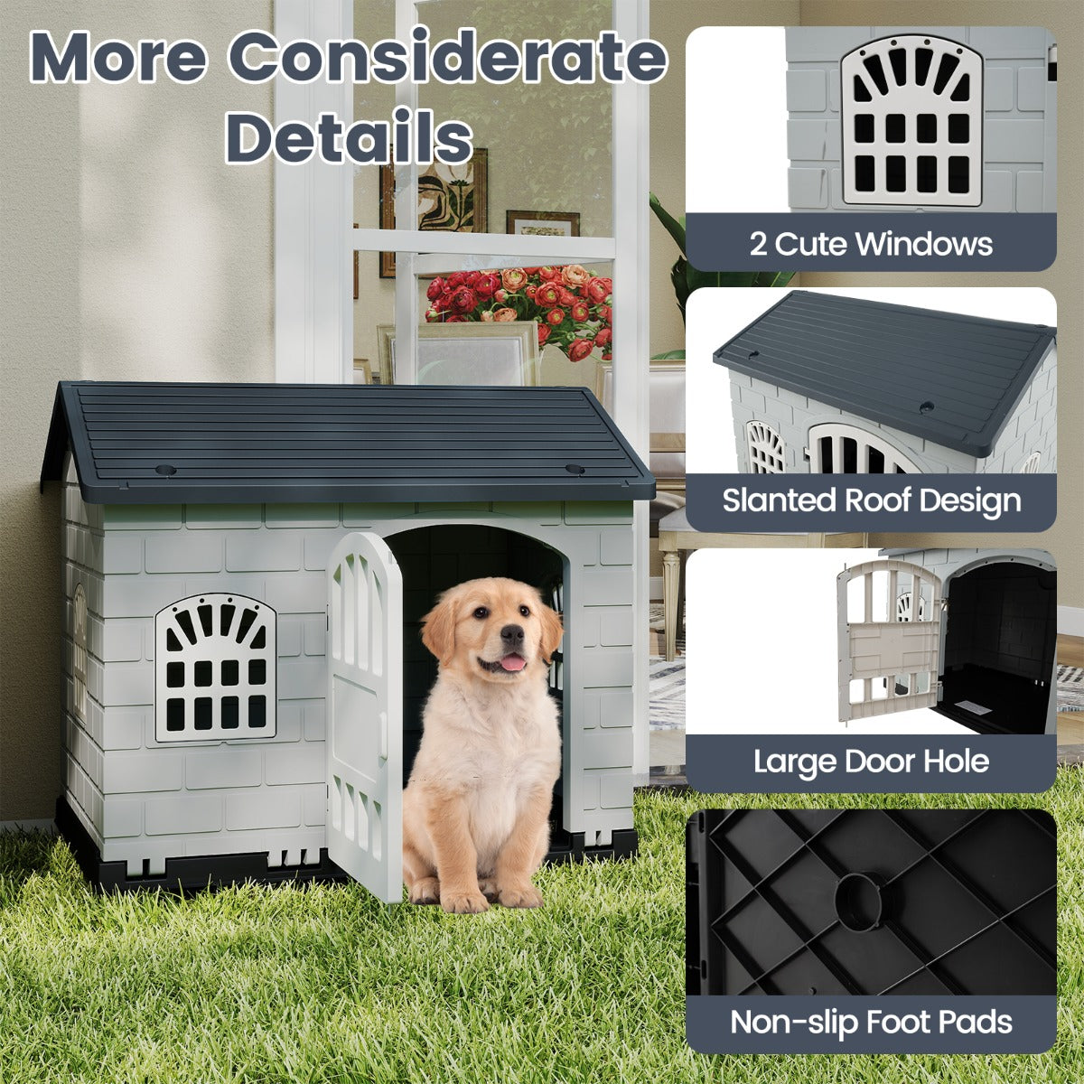 LIVSK Kunststof Hondenhok Weerbestendig - Afsluitbare Deur - 3 Ramen - Schuin Dak - Eenvoudige Montage - Voor Kleine Honden en