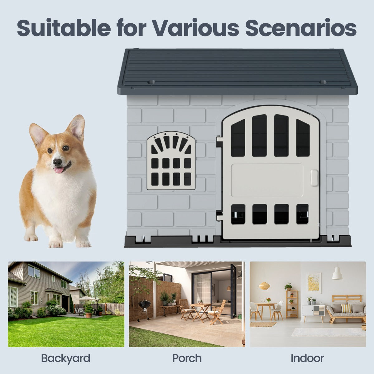 LIVSK Kunststof Hondenhok Weerbestendig - Afsluitbare Deur - 3 Ramen - Schuin Dak - Eenvoudige Montage - Voor Kleine Honden en