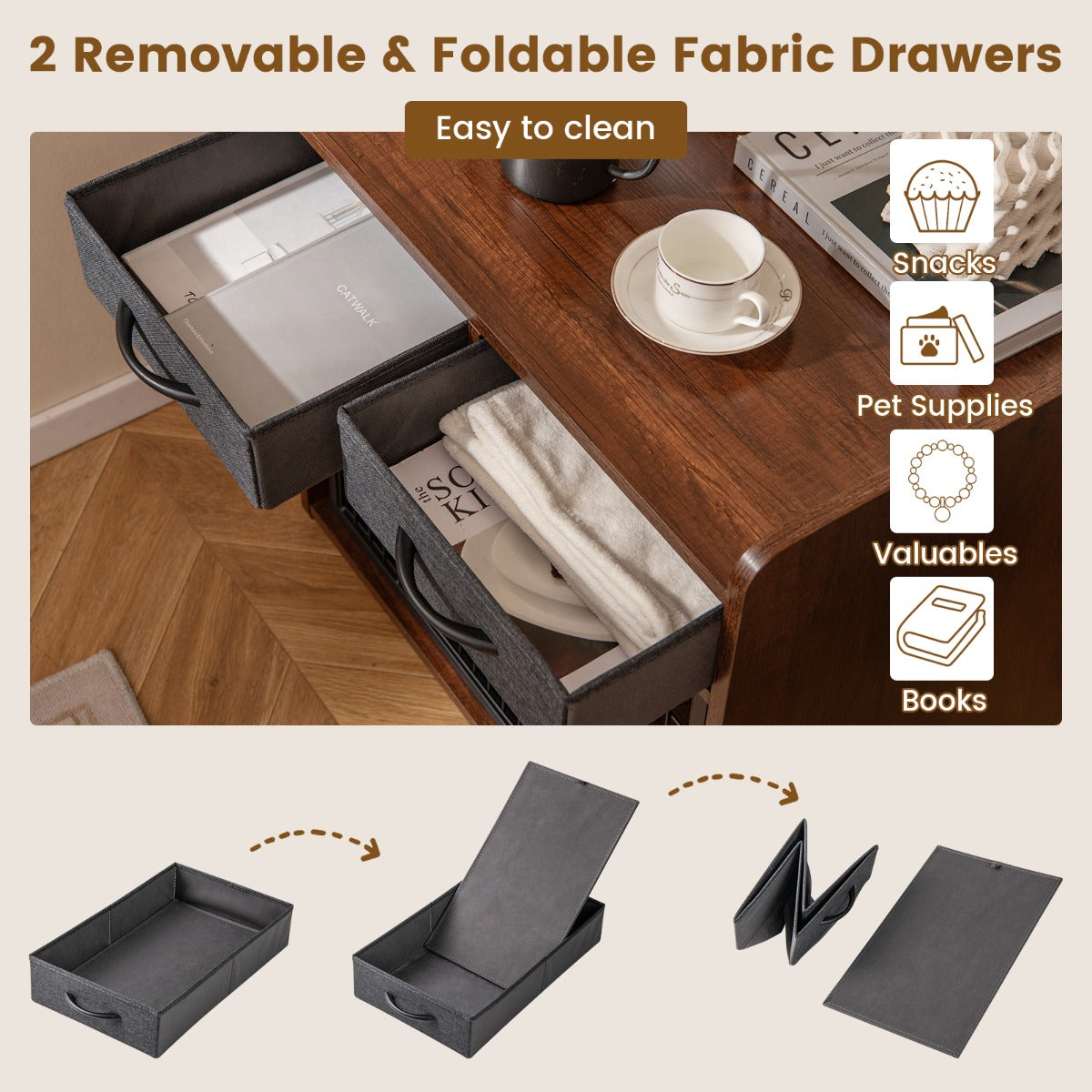 LIVSK 2-in-1 Hondenkrat en Bijzettafel - Rustiek Bruin - Tafelblad - 2 Lades - Veilig met Gaaswand - 62 x 49,5 x 63 cm - Bruin