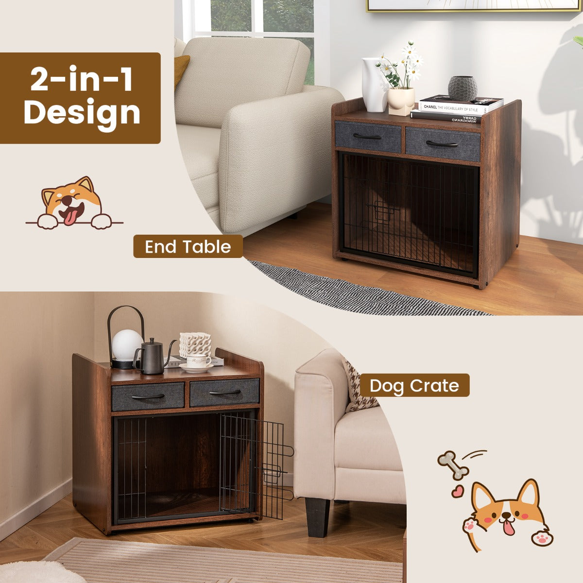 LIVSK 2-in-1 Hondenkrat en Bijzettafel - Rustiek Bruin - Tafelblad - 2 Lades - Veilig met Gaaswand - 62 x 49,5 x 63 cm - Bruin