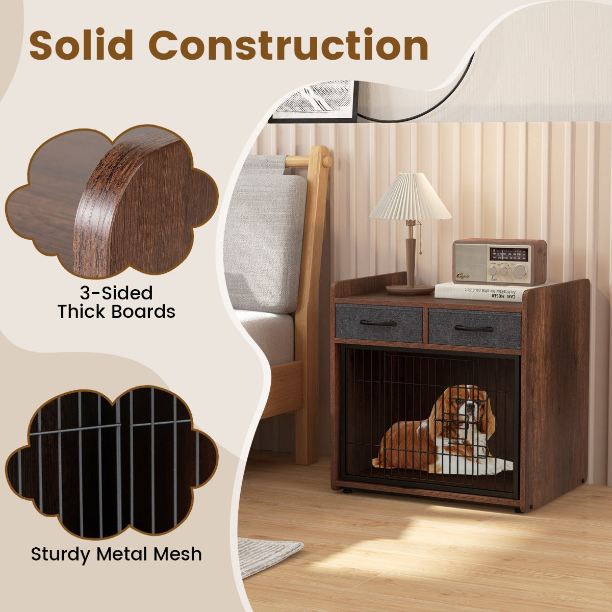 LIVSK 2-in-1 Hondenkrat en Bijzettafel - Rustiek Bruin - Tafelblad - 2 Lades - Veilig met Gaaswand - 62 x 49,5 x 63 cm - Bruin