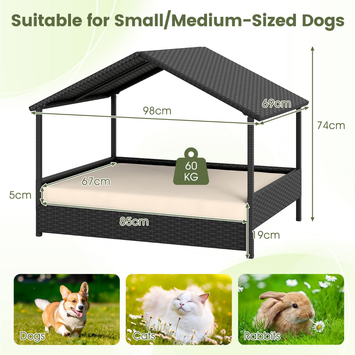 Livsk costway hondenmand met baldakijn verhoogde rotanbank voor kleine en middelgrote honden tot 60 kg beige 1