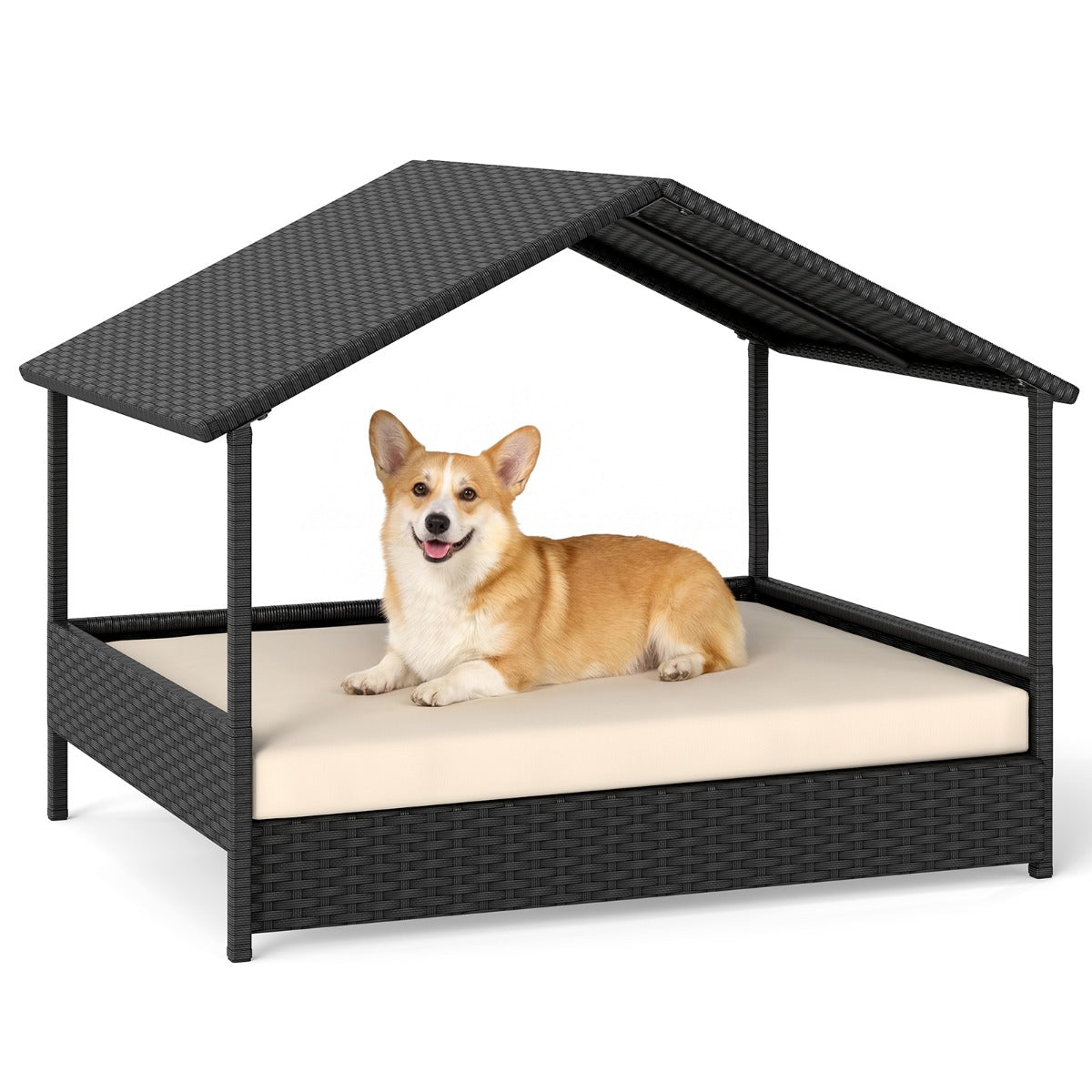Livsk costway hondenmand met baldakijn verhoogde rotanbank voor kleine en middelgrote honden tot 60 kg beige