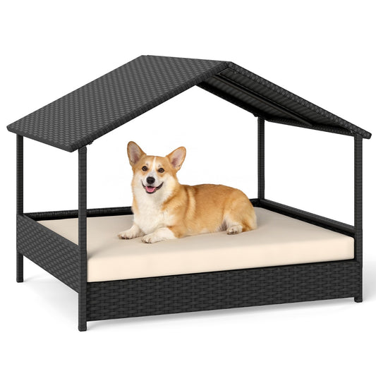 Livsk costway hondenmand met baldakijn verhoogde rotanbank voor kleine en middelgrote honden tot 60 kg beige