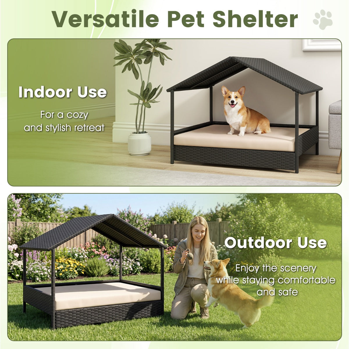 Livsk costway hondenmand met baldakijn verhoogde rotanbank voor kleine en middelgrote honden tot 60 kg beige