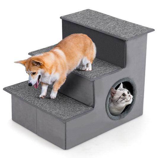 LIVSK Hondentrap 3-Traps Opvouwbaar - Antislip - Hoogte 44 cm - Ideaal voor Kleine en Middelgrote Honden - Grijs