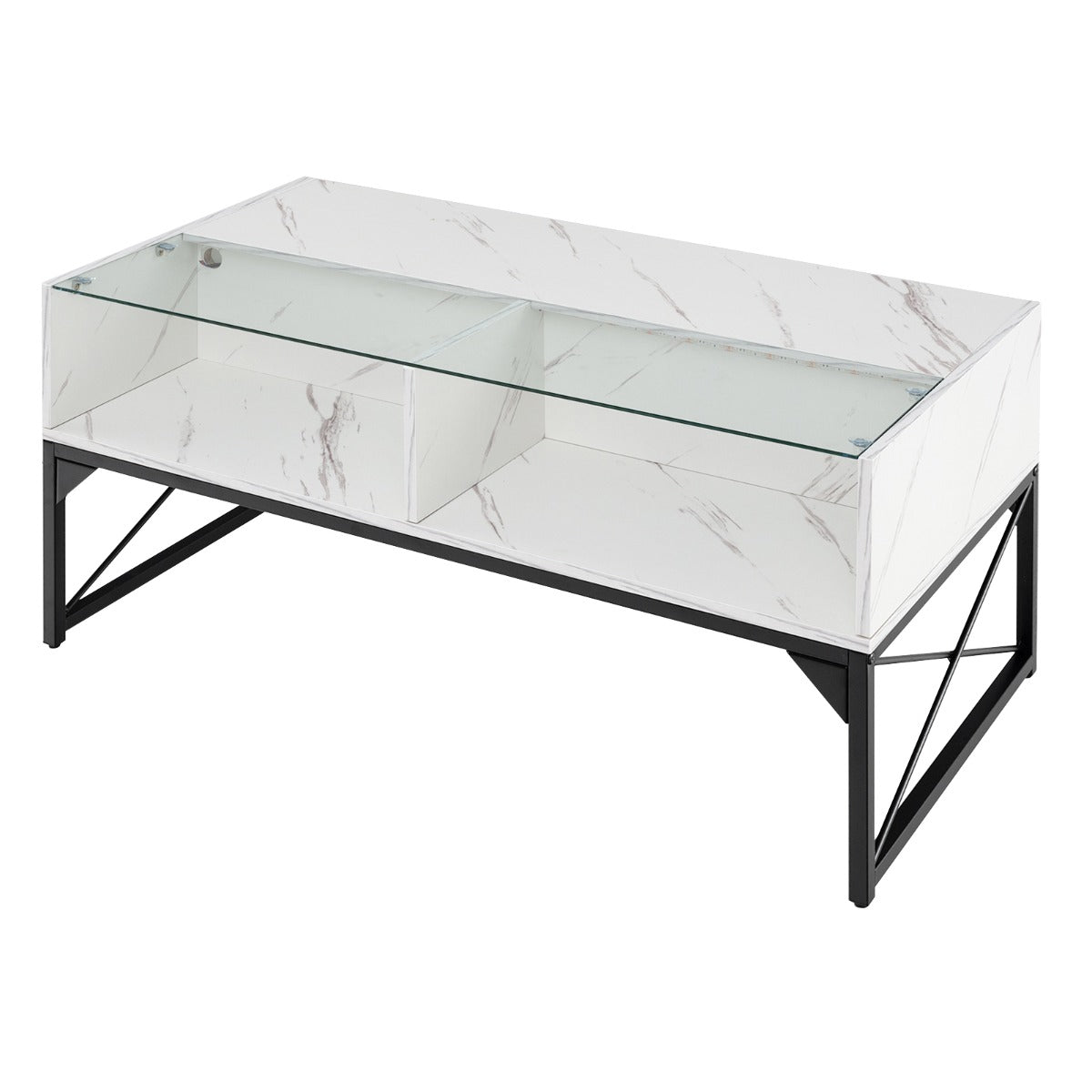 LIVSK LED-salontafel - Aanpasbare LED-verlichting - Imitatiemarmer en gehard glas - Opbergruimte voor 4 kubussen - 105 x 55 x 50