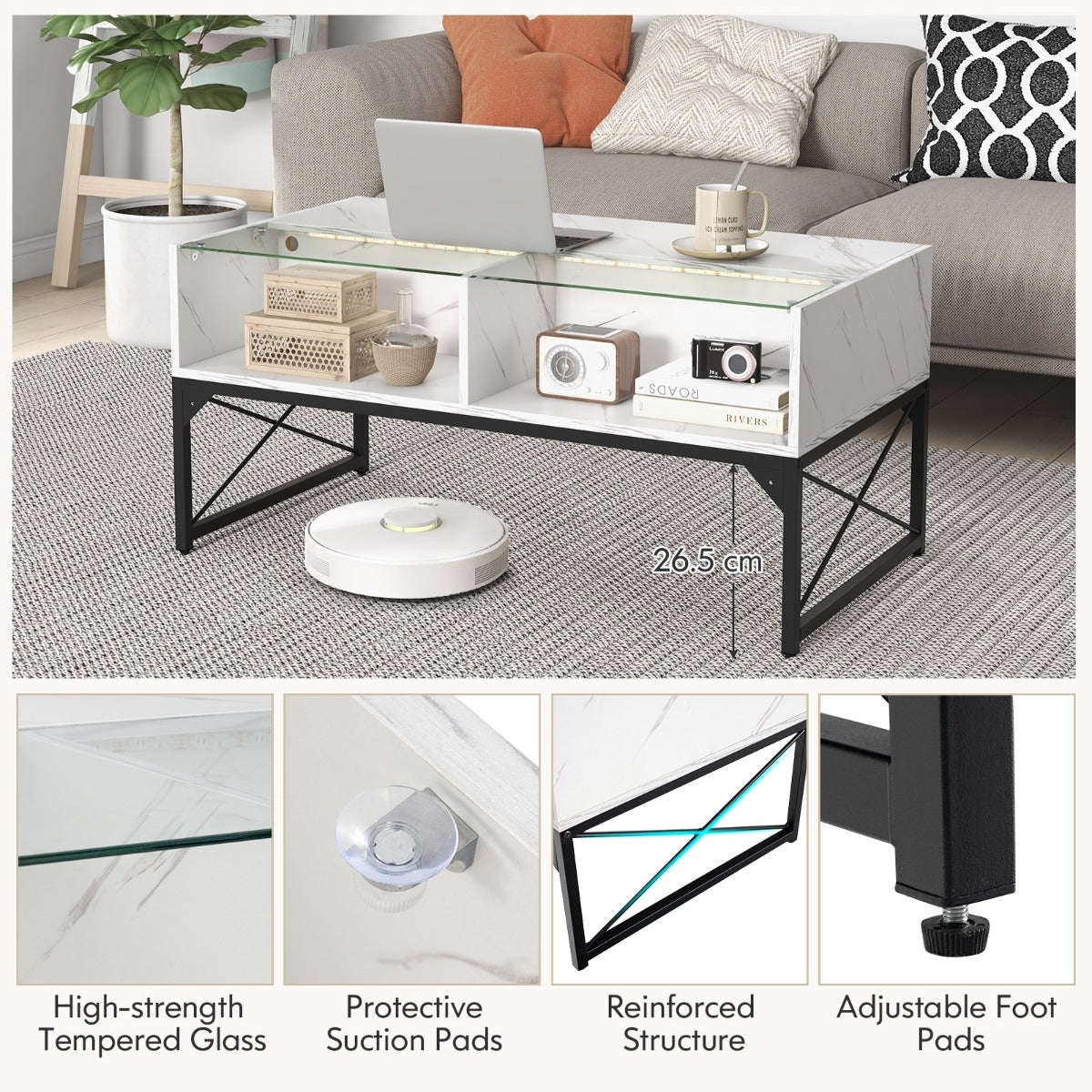 LIVSK LED-salontafel - Aanpasbare LED-verlichting - Imitatiemarmer en gehard glas - Opbergruimte voor 4 kubussen - 105 x 55 x 50