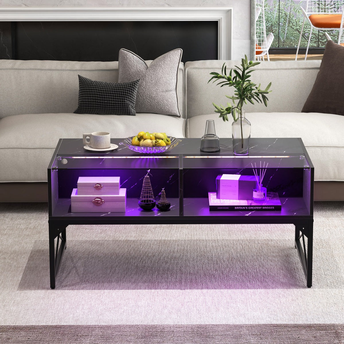 LIVSK LED-salontafel met Afstandsbediening - Aanpasbare Verlichting - Imitatiemarmer en Gehard Glas - Opbergruimte - 105 x 55 x