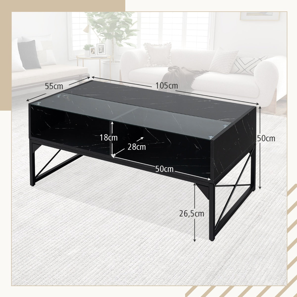 LIVSK LED-salontafel met Afstandsbediening - Aanpasbare Verlichting - Imitatiemarmer en Gehard Glas - Opbergruimte - 105 x 55 x
