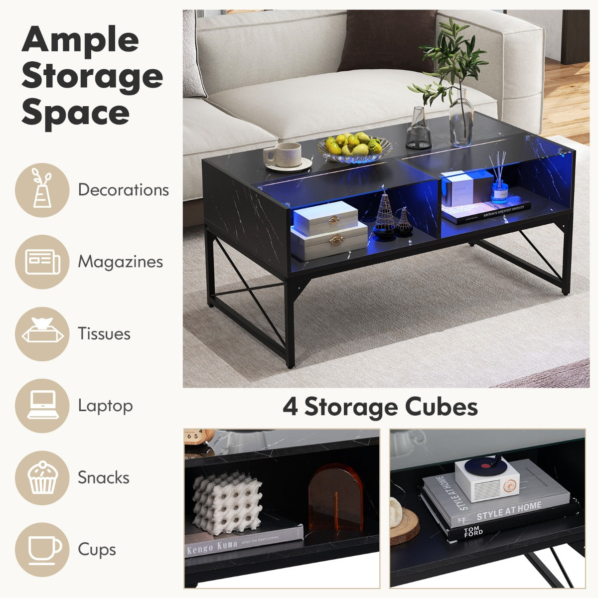 LIVSK LED-salontafel met Afstandsbediening - Aanpasbare Verlichting - Imitatiemarmer en Gehard Glas - Opbergruimte - 105 x 55 x