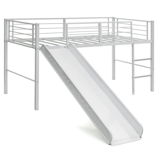 LIVSK Hoogslaper Bedframe met Glijbaan - Veiligheidsleuningen - Stalen Constructie - Tot 150 kg - 198 x 96 x 109 cm - Wit