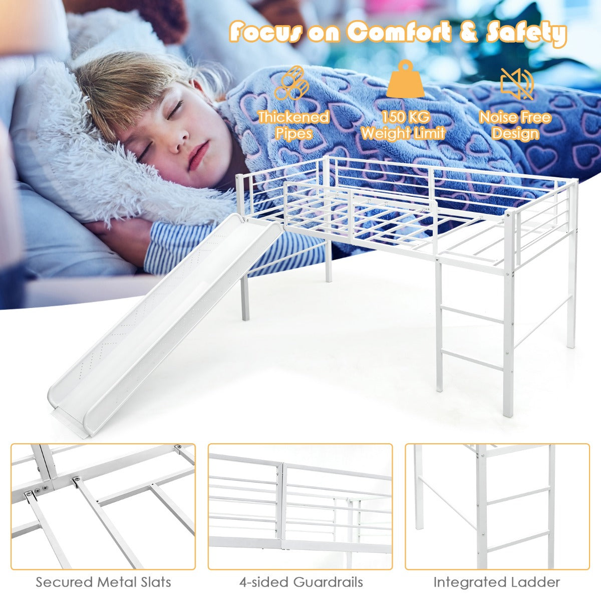 LIVSK Hoogslaper Bedframe met Glijbaan - Veiligheidsleuningen - Stalen Constructie - Tot 150 kg - 198 x 96 x 109 cm - Wit