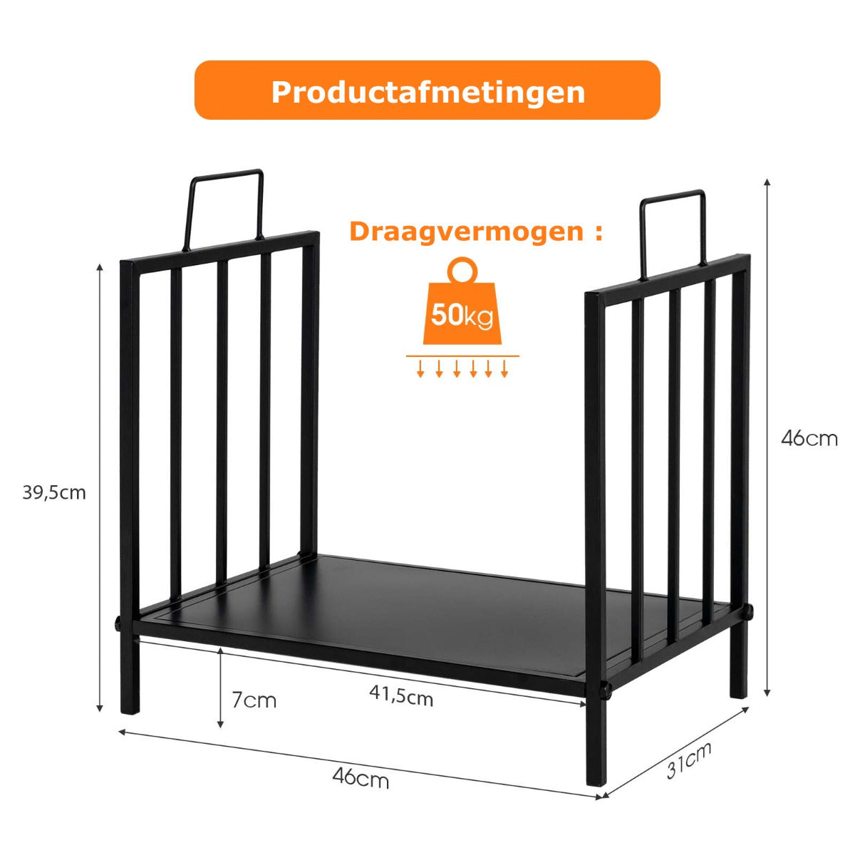 LIVSK Brandhoutrek - Stevig Stalen Frame - Handgrepen - Verhoogde Voeten - Draagvermogen tot 50 kg - 46 x 31 x 46 cm - Zwart