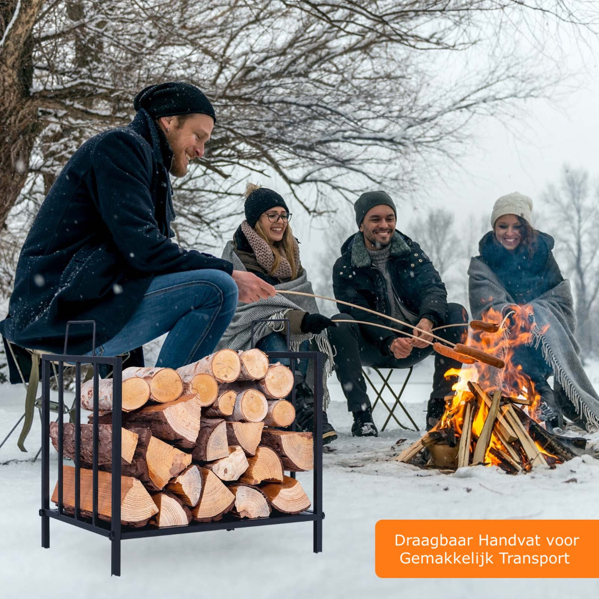 LIVSK Brandhoutrek - Stevig Stalen Frame - Handgrepen - Verhoogde Voeten - Draagvermogen tot 50 kg - 46 x 31 x 46 cm - Zwart