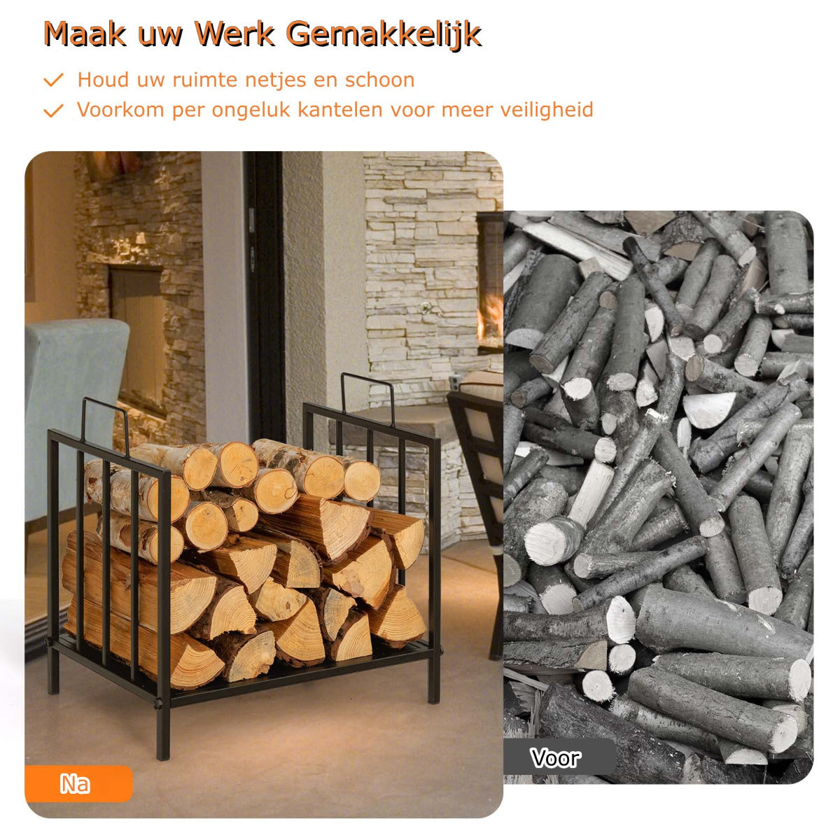 LIVSK Brandhoutrek - Stevig Stalen Frame - Handgrepen - Verhoogde Voeten - Draagvermogen tot 50 kg - 46 x 31 x 46 cm - Zwart
