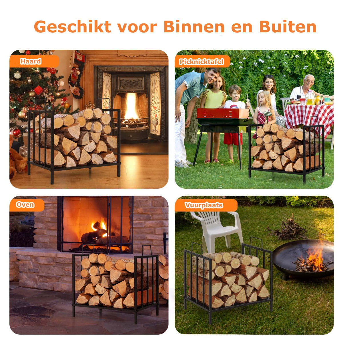 LIVSK Brandhoutrek - Stevig Stalen Frame - Handgrepen - Verhoogde Voeten - Draagvermogen tot 50 kg - 46 x 31 x 46 cm - Zwart