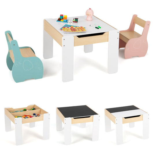 LIVSK Kindertafel en Stoelenset - 4-in-1 Multifunctioneel - Grote Opbergruimte - Duurzaam Hout - Ergonomisch Ontwerp - Blauw &