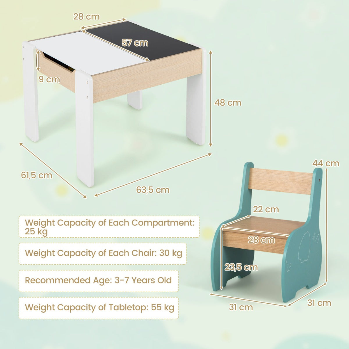 LIVSK Kindertafel en Stoelenset - 4-in-1 Multifunctioneel - Grote Opbergruimte - Duurzaam Hout - Ergonomisch Ontwerp - Blauw &