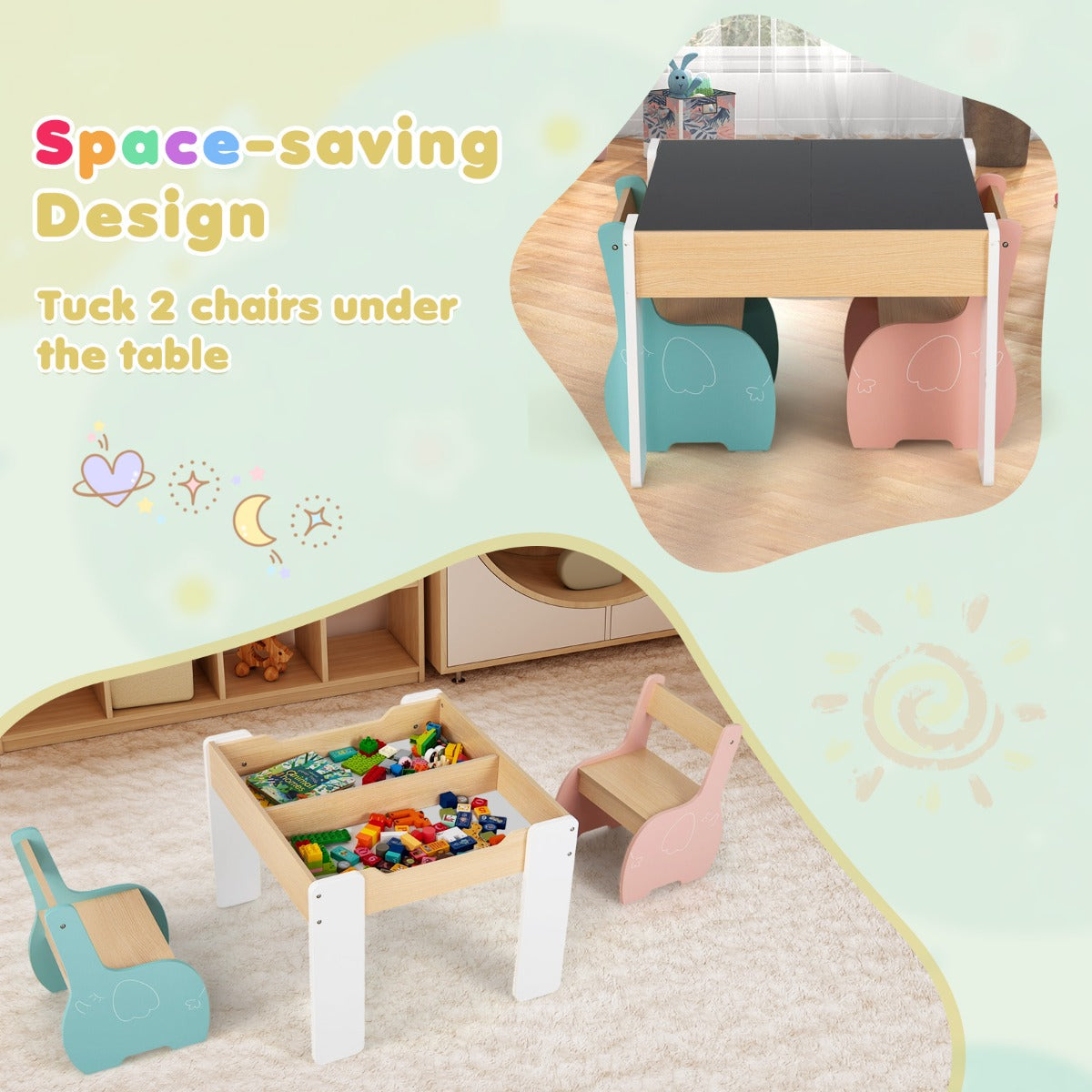 LIVSK Kindertafel en Stoelenset - 4-in-1 Multifunctioneel - Grote Opbergruimte - Duurzaam Hout - Ergonomisch Ontwerp - Blauw &