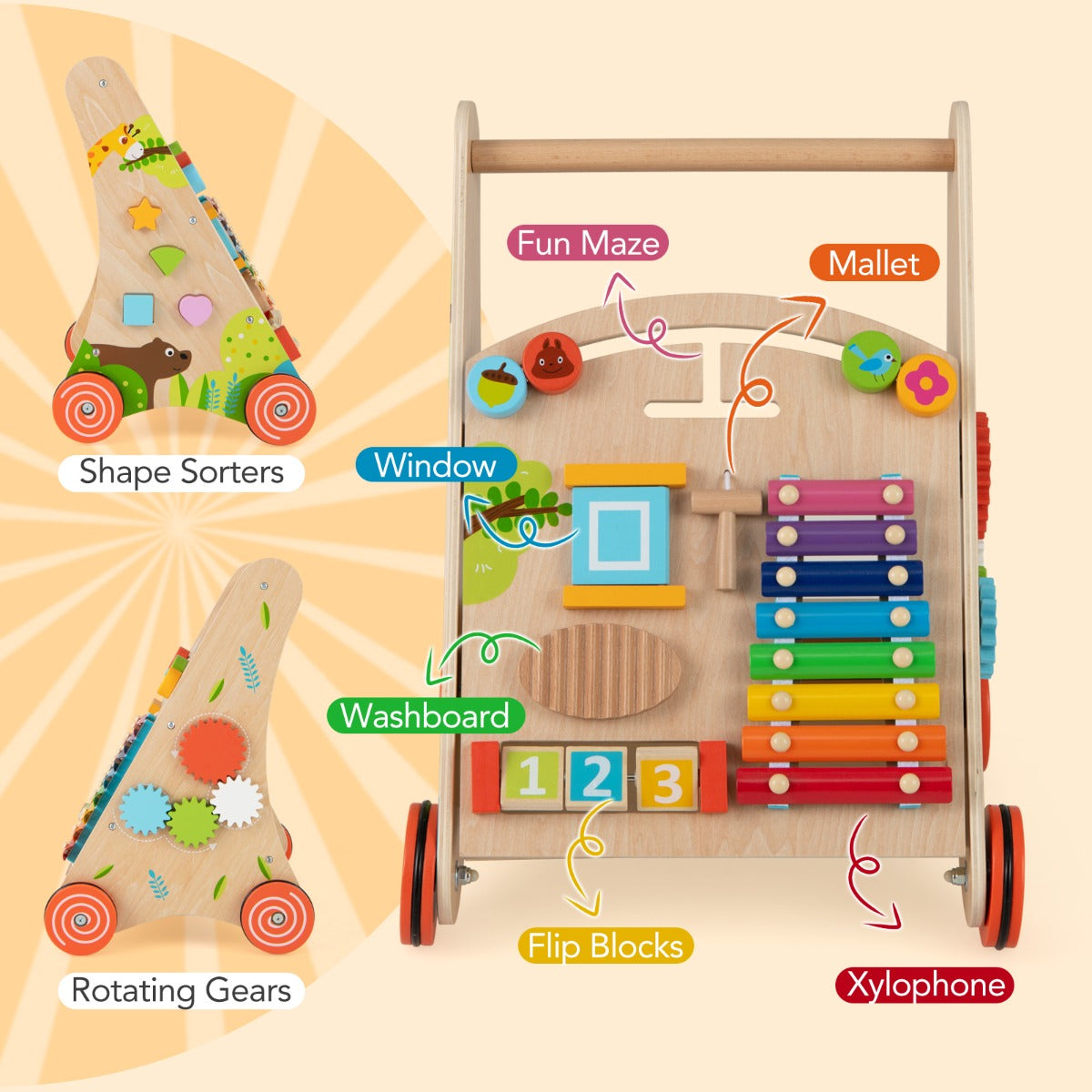 LIVSK Montessori-loopstoeltje - Activiteitencentrum met Doolhof, Xylofoon en Meer - Stimuleert Zitten en Staan - Multicolour