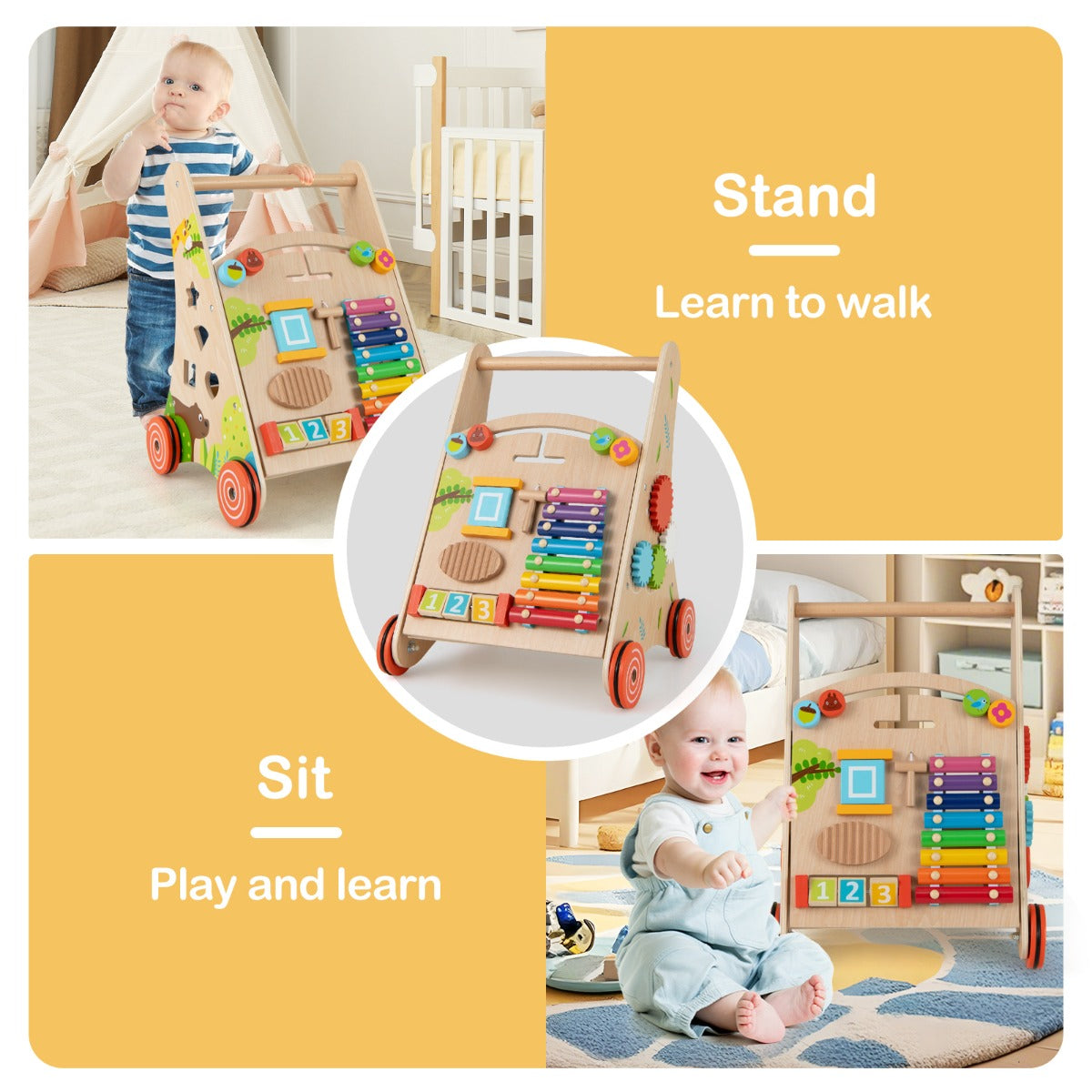LIVSK Montessori-loopstoeltje - Activiteitencentrum met Doolhof, Xylofoon en Meer - Stimuleert Zitten en Staan - Multicolour