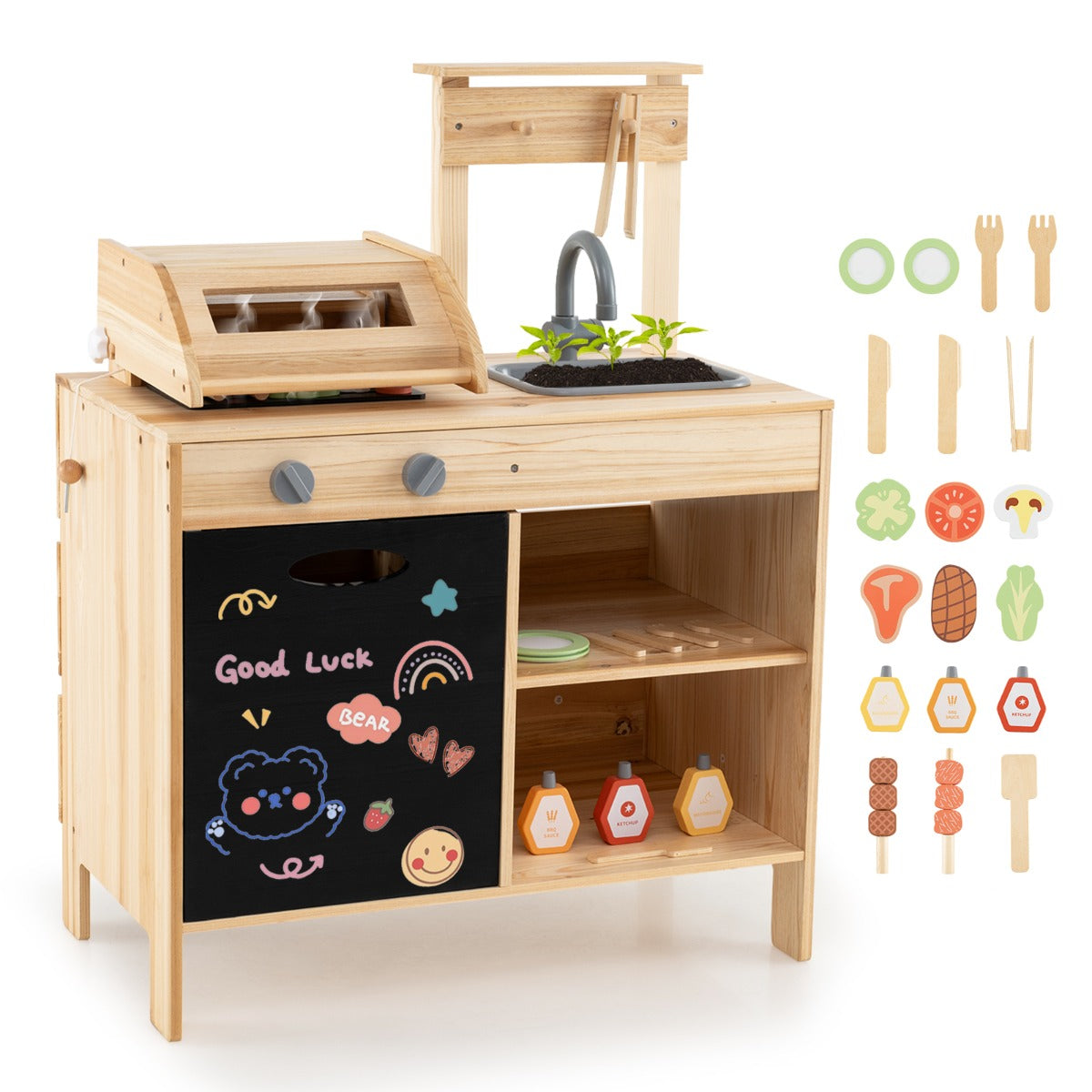 LIVSK Houten Barbecueset voor Kinderen - Duurzaam Vurenhout - Inclusief Speelvoedsel en Grillgereedschap - Voor Creatief Spel -