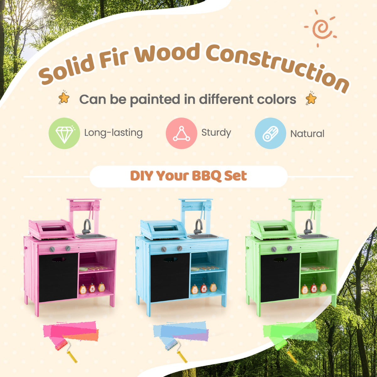 LIVSK Houten Barbecueset voor Kinderen - Duurzaam Vurenhout - Inclusief Speelvoedsel en Grillgereedschap - Voor Creatief Spel -