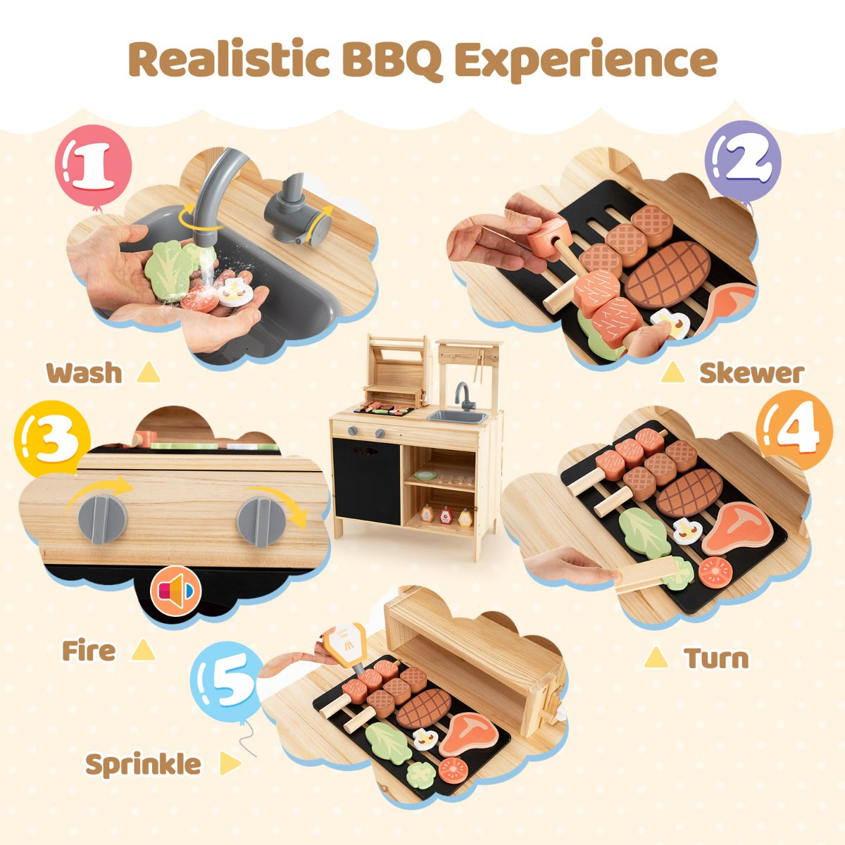 LIVSK Houten Barbecueset voor Kinderen - Duurzaam Vurenhout - Inclusief Speelvoedsel en Grillgereedschap - Voor Creatief Spel -