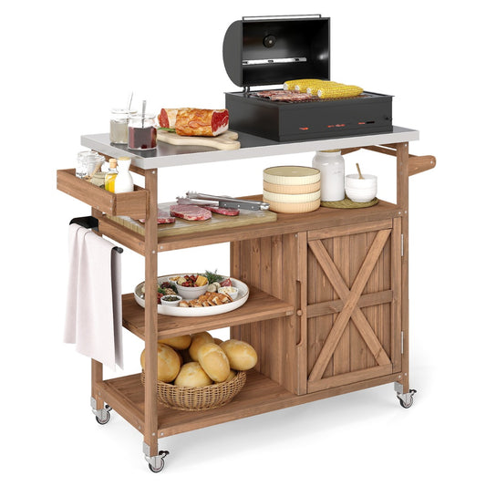 Livsk costway houten barbecuetrolley met opbergruimte buitenkeuken met roestvrijstalen werkblad