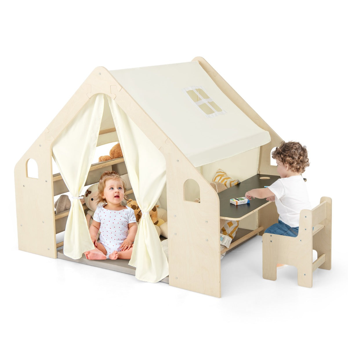 LIVSK 6-in-1 Speeltent met Vloermat, Tafel, Stoel en Opbergbakken - Kindvriendelijk en Duurzaam - Voor 2 tot 6 Jaar - Natuurlijk