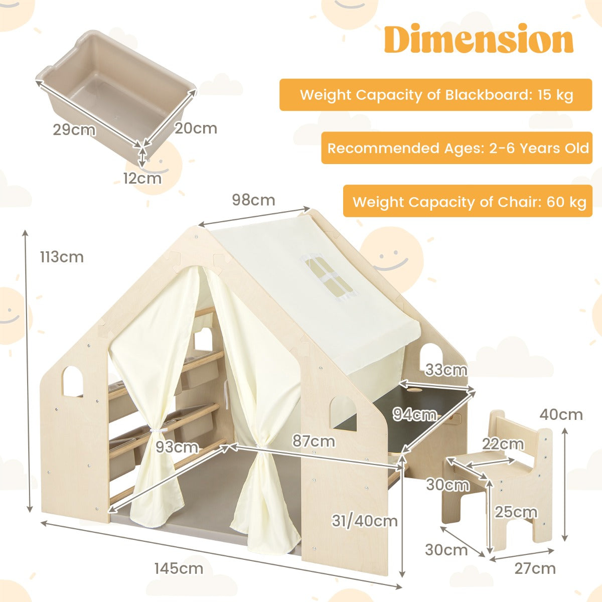 LIVSK 6-in-1 Speeltent met Vloermat, Tafel, Stoel en Opbergbakken - Kindvriendelijk en Duurzaam - Voor 2 tot 6 Jaar - Natuurlijk