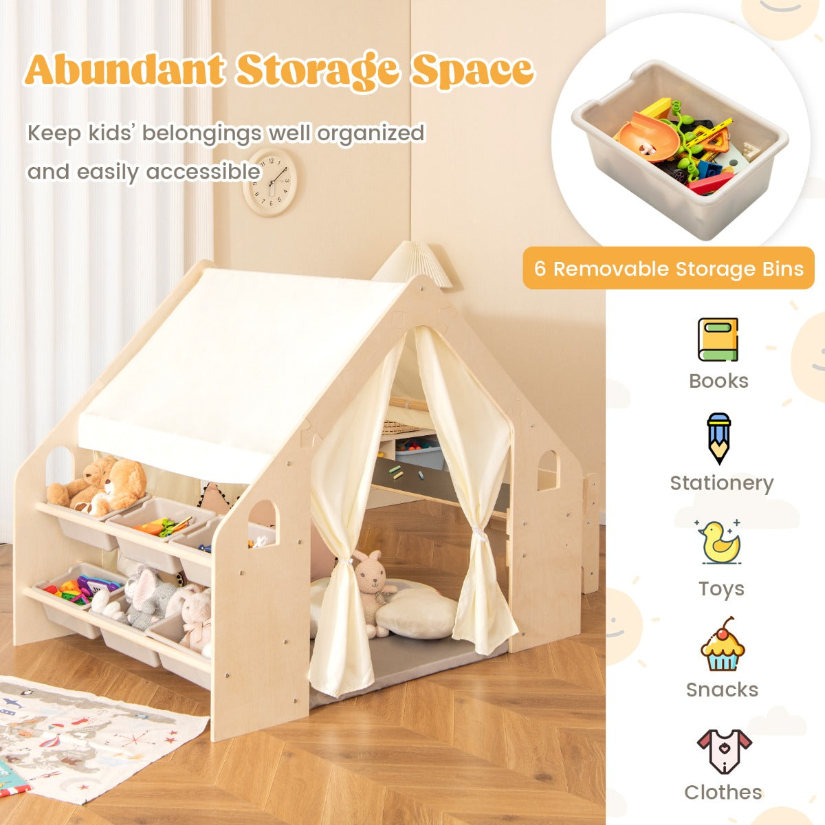LIVSK 6-in-1 Speeltent met Vloermat, Tafel, Stoel en Opbergbakken - Kindvriendelijk en Duurzaam - Voor 2 tot 6 Jaar - Natuurlijk