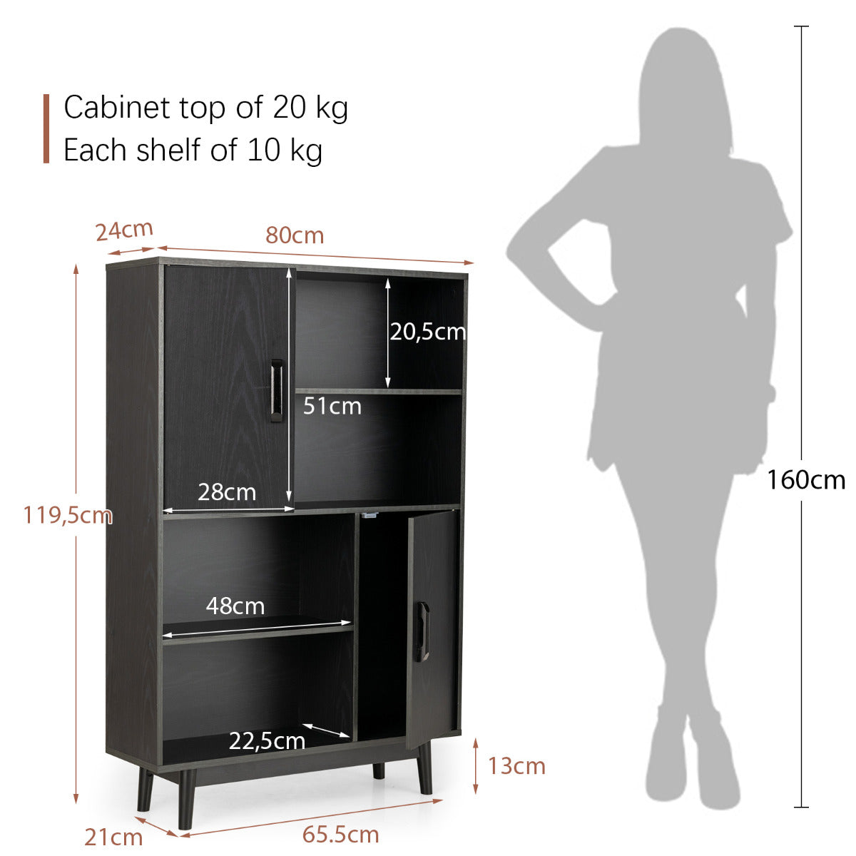 LIVSK Houten Boekenkast met 2 Deuren en 4 Open Schappen - Stijlvol en Multifunctioneel - Stabiel met Rubberhouten Poten - 80 x 24