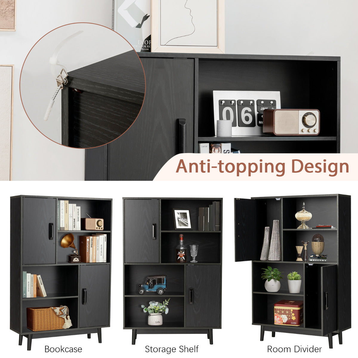 LIVSK Houten Boekenkast met 2 Deuren en 4 Open Schappen - Stijlvol en Multifunctioneel - Stabiel met Rubberhouten Poten - 80 x 24
