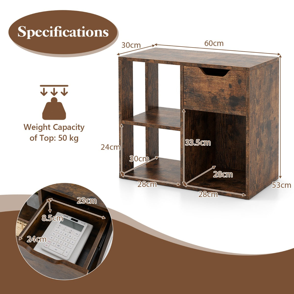 LIVSK Opslagrek met 3 Open Planken en Lade - Stevig en Duurzaam - Tot 95 kg - Eenvoudige Montage - 60 x 30 x 53 cm - Wit