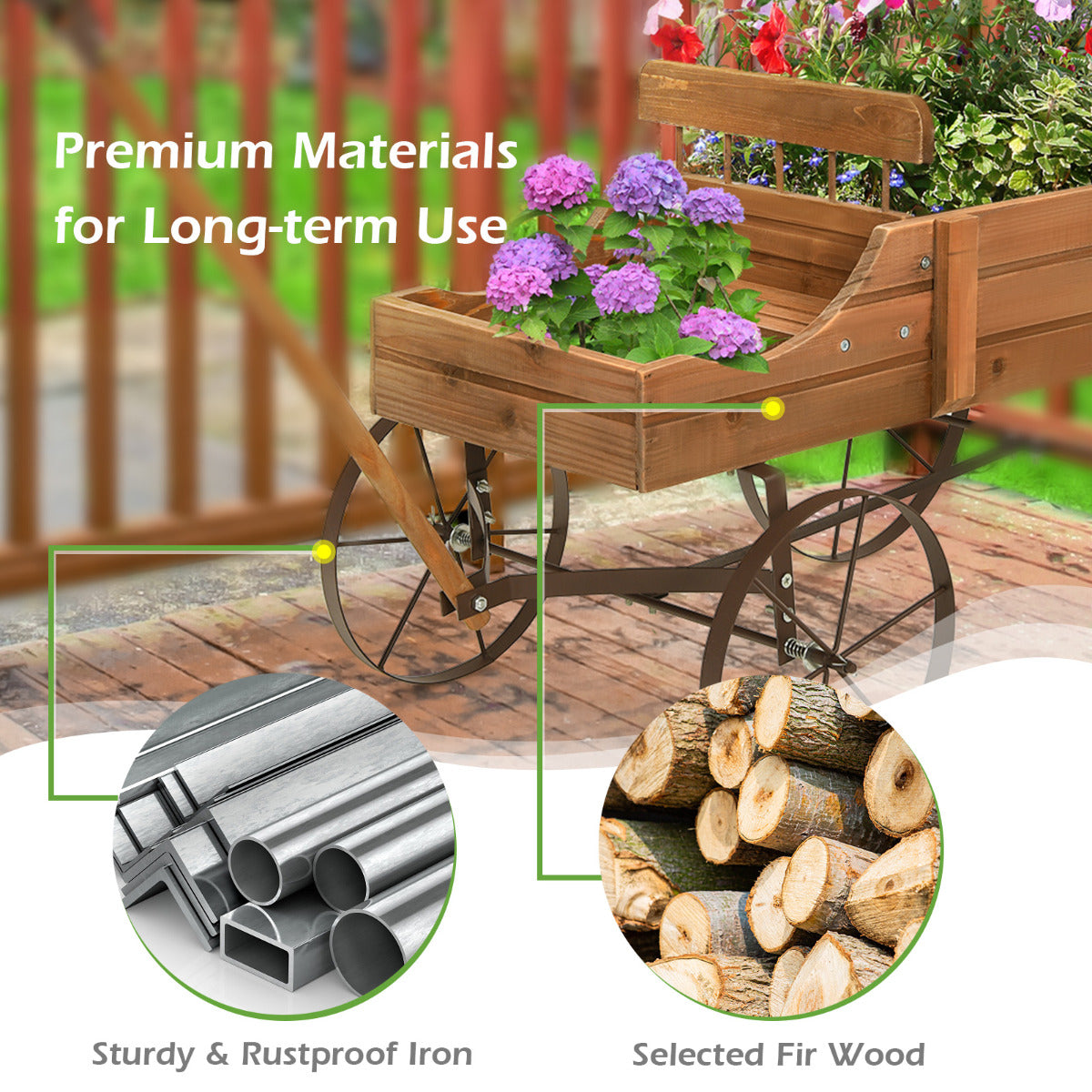 LIVSK Decoratieve Plantenwagen - Stevig Sparrenhout - 2 Plantsecties - Metalen Wielen - Universele Handgreep - 62 x 34 x 60 cm -