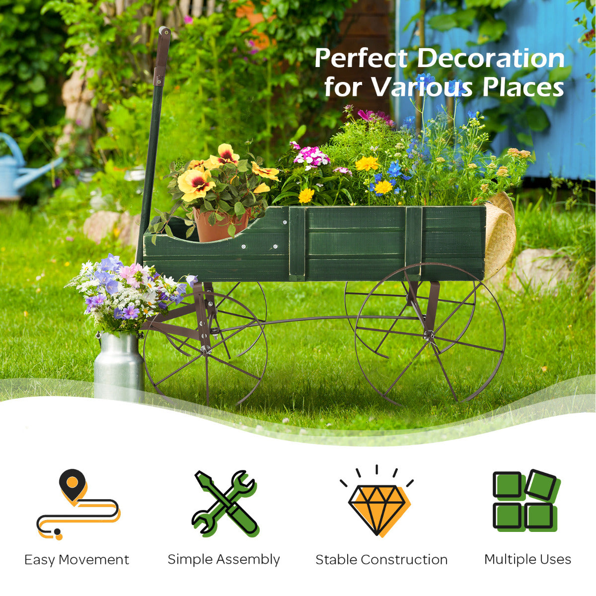 LIVSK Plantenwagen Bolderkar - Robuust Sparrenhout - 2 Compartimenten - Metalen Wielen - 62 x 34 x 60 cm - Groen