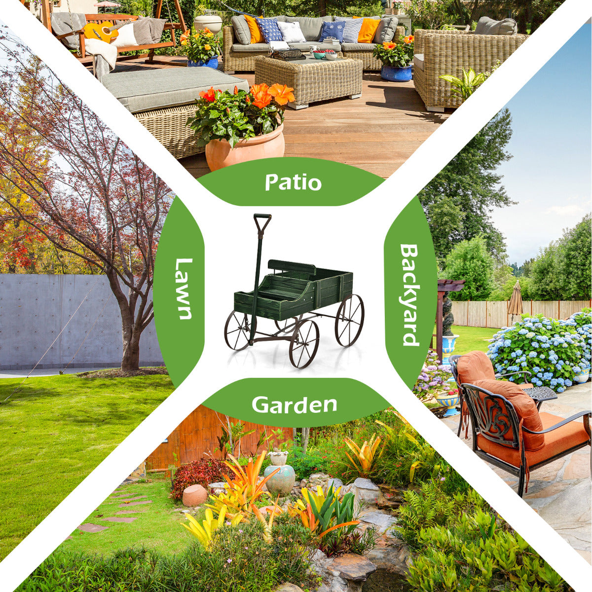 LIVSK Plantenwagen Bolderkar - Robuust Sparrenhout - 2 Compartimenten - Metalen Wielen - 62 x 34 x 60 cm - Groen