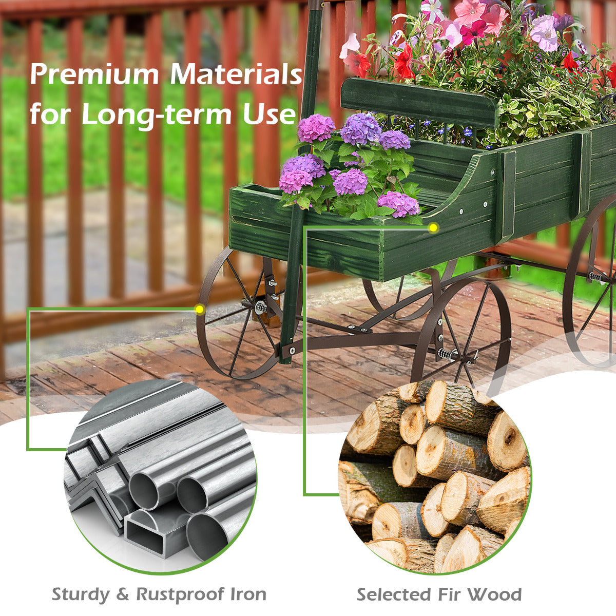LIVSK Plantenwagen Bolderkar - Robuust Sparrenhout - 2 Compartimenten - Metalen Wielen - 62 x 34 x 60 cm - Groen