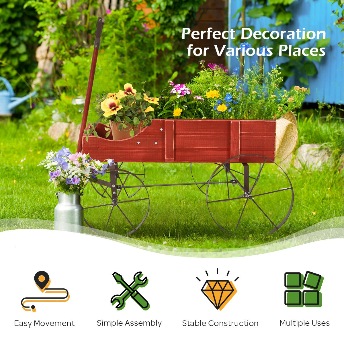 LIVSK Decoratieve Plantenwagen - Stevig Dennenhout - 2 Plantvakken - Metalen Wielen - Eenvoudig te Verplaatsen - 62 x 34 x 60 cm