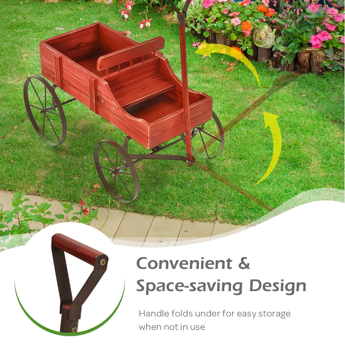 LIVSK Decoratieve Plantenwagen - Stevig Dennenhout - 2 Plantvakken - Metalen Wielen - Eenvoudig te Verplaatsen - 62 x 34 x 60 cm