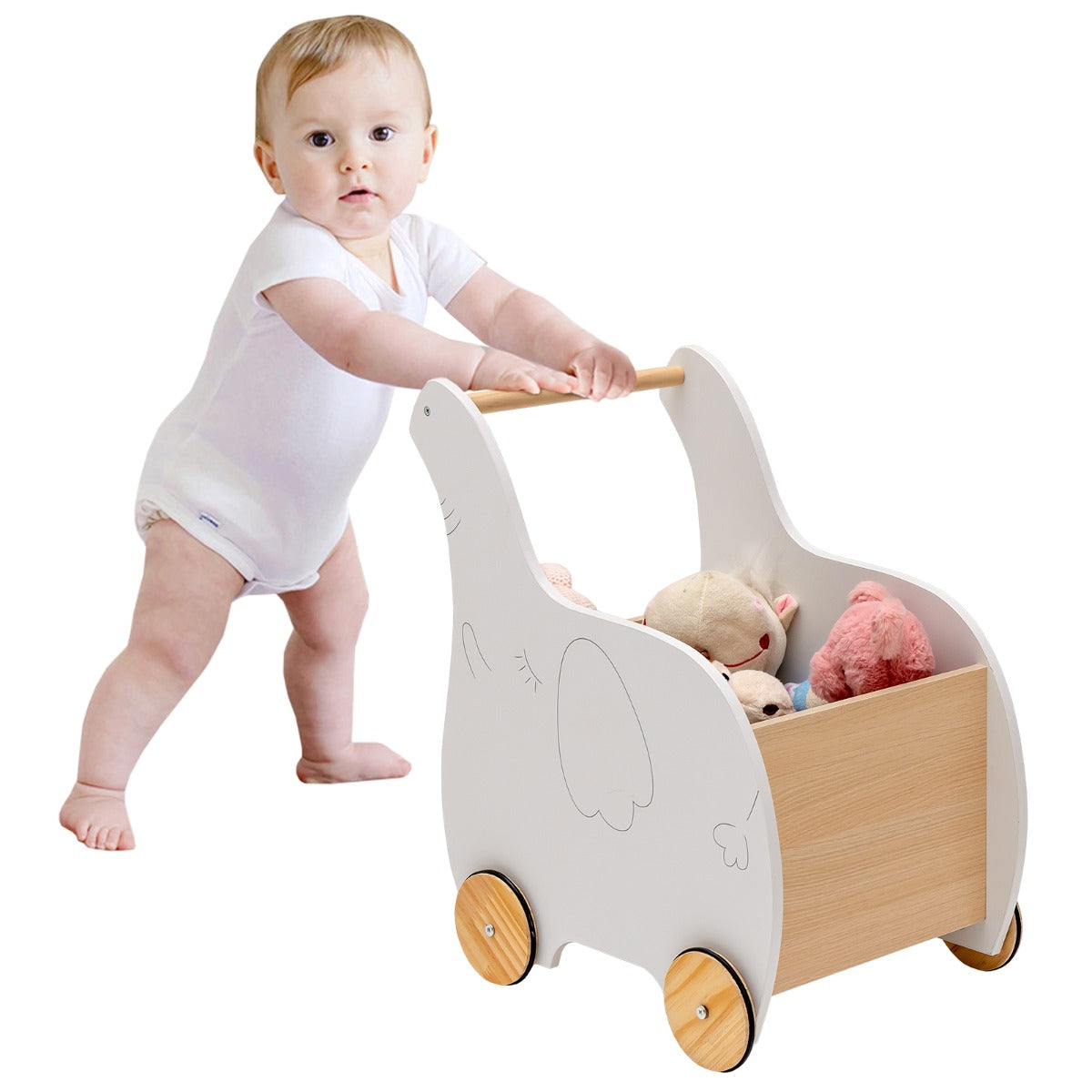 LIVSK Houten Kinderwinkelwagen - Opbergdoos - Rubber Wielen - Motorische Ontwikkeling - Voor Kinderen 1-3 jaar - Wit