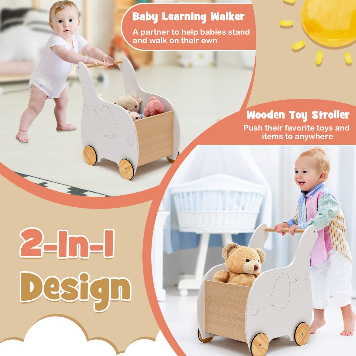 LIVSK Houten Kinderwinkelwagen - Opbergdoos - Rubber Wielen - Motorische Ontwikkeling - Voor Kinderen 1-3 jaar - Wit